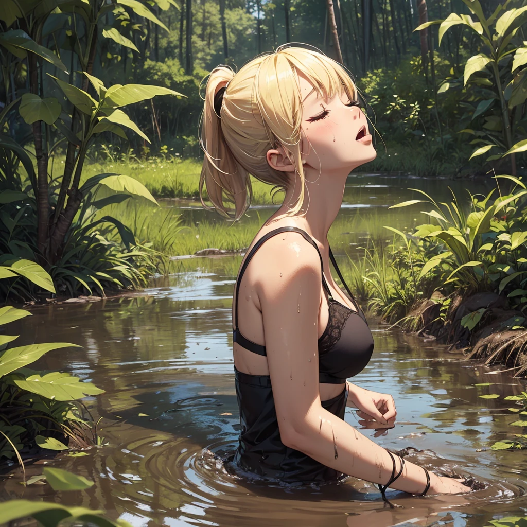 Solo, 1girl, drowned in mud, bog, grass, trees, muck, orgasm, looking up, eyes closed, mouth open, morning sky, Solo, From Side, blonde hair in ponytail, wearing black bra, sinking in mud, stuck,