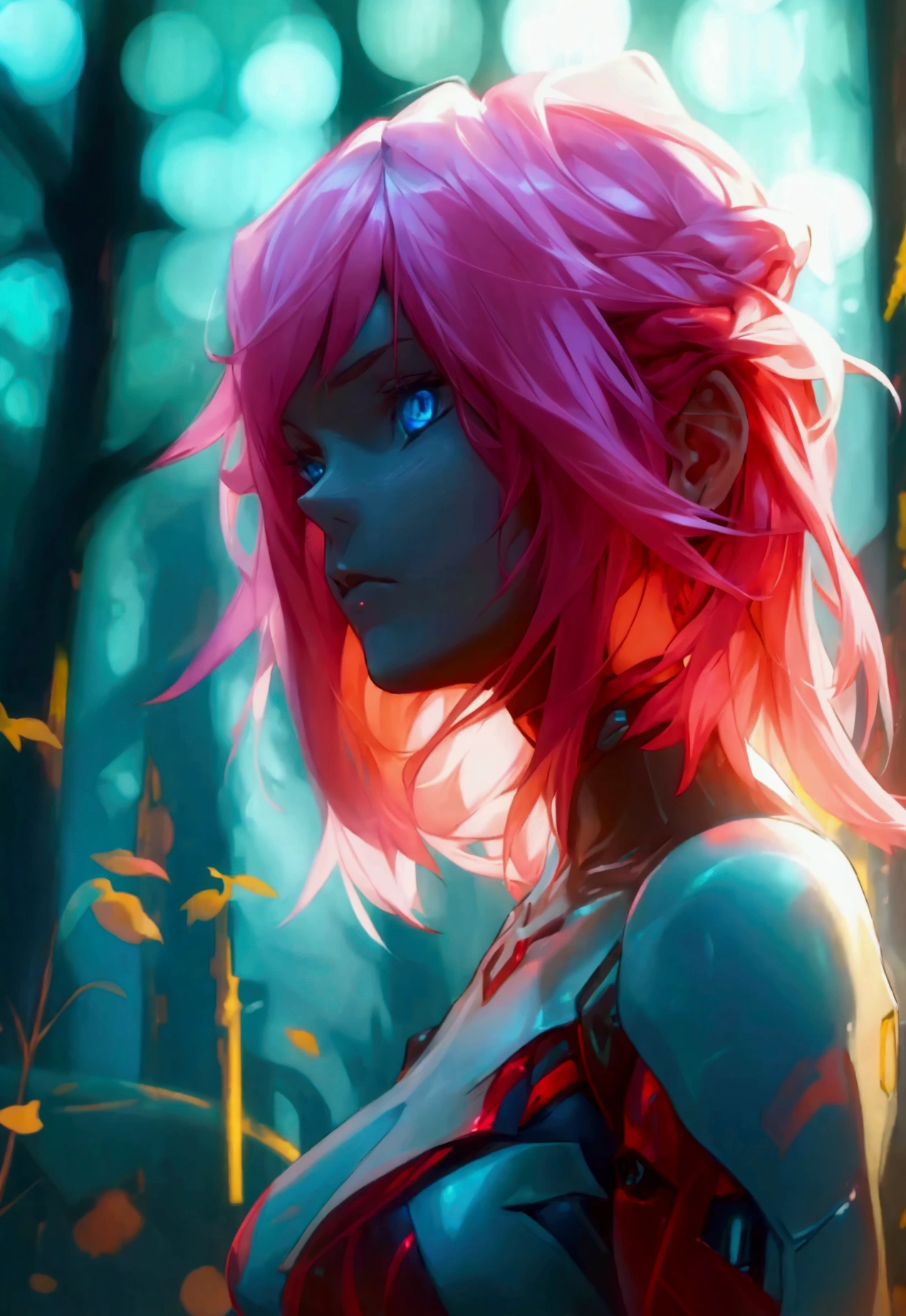 A semitransparent zerosui, Velvet bra, zerosuit, contrast, god rays, Blue eyes, pink hair, woods background, absolute intensity,