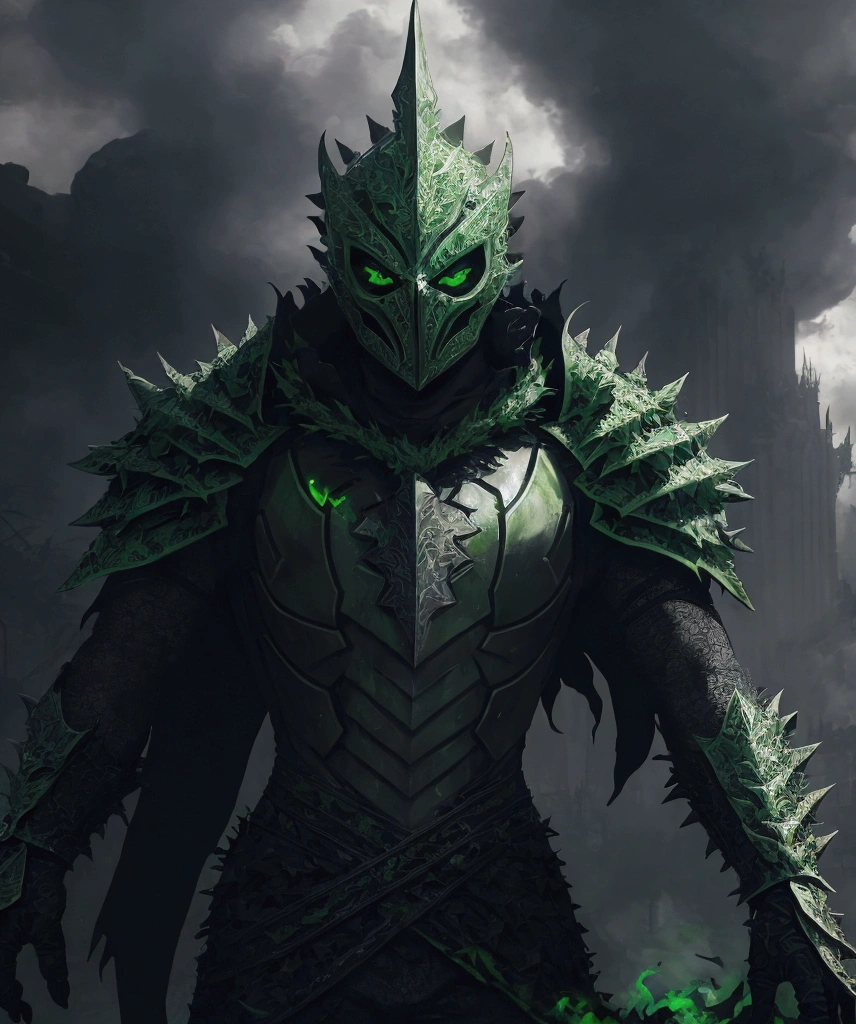 (extremely detailed 8k wallpaper), a medium shot photo of Grim dressed as a scary masked leafy white and green leafy-supervillain in a leafy white and green spiked armour made of leafs glowing armour with spikes from marvel, theme, intricate, high detail, dramatic, destroyed buildings and blue smoke in the background