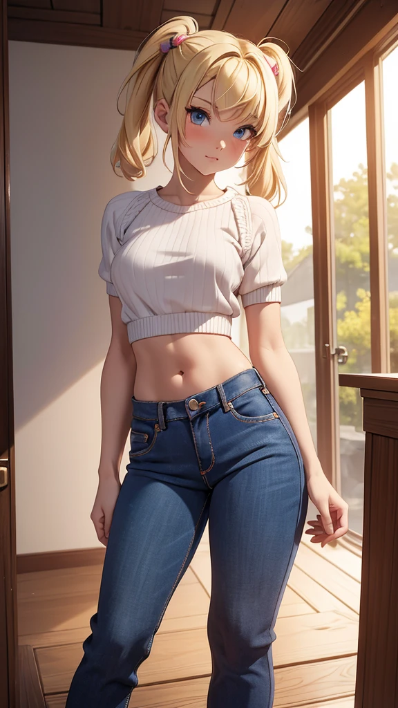 (masterpiece), (4k), ) (vivid colors), (evening light) 16 year old blonde woman, two bobble pigtails, dressed like a teenager with a seductive pose and look, flat chest, wears short jeans and sexy wool top
