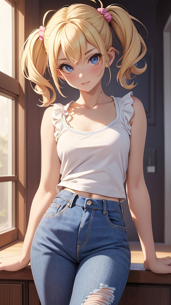 (masterpiece), (4k), ) (vivid colors), (evening light)  blonde woman, two bobble pigtails, dressed like a teenager with a seductive pose and look, flat chest, wears short jeans and sexy wool top