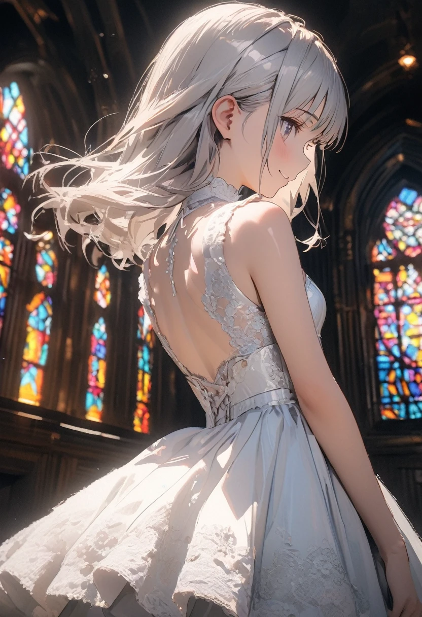 ((Masterpiece)), ((best quality)), ((kawaii)), ((extremely detailed)), (sketch:0.3), (RAW photo:1.2), (8K), (High Definition:1.3), (Professional Photography:1.2), cinematic lighting, (very aesthetic:1.2), (absurdres:1.2), (sharp focus), (perfect light), from behind, ((12 years old)), cute teenage girl, sad smile, (hoop dress), (Ruffled Dress), (lace), small breast, Super intricate lace pattern, colorful lace pattern, (stained glass background), kaleidoscope, light-up, bustier, open back, sexy posing, (pale silver hair),