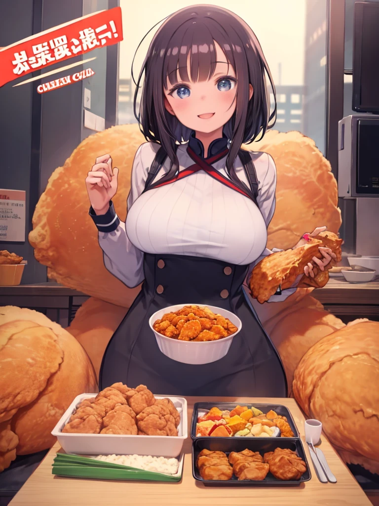 Tabletop, Highest quality, 1 girl、Big Breasts、Chubby、Have (fried chicken)1.5、good、Big smile