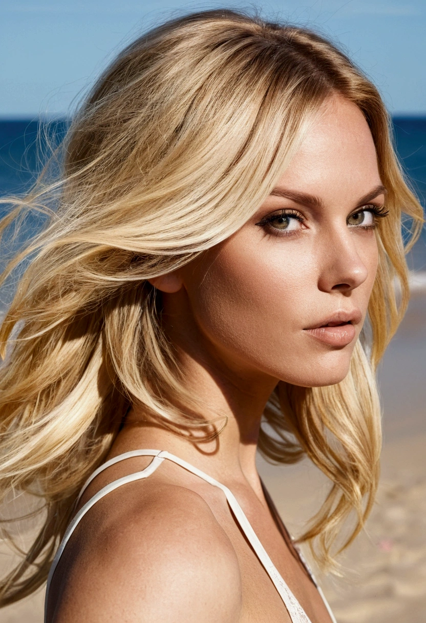 ((en direct 2D)) Femme blonde, sensuelle, cheveux longs ondulés , les yeux marrons clairs, femme chic, dans un arriere plan de plage, vue du visage que de face, photographie, pause, 