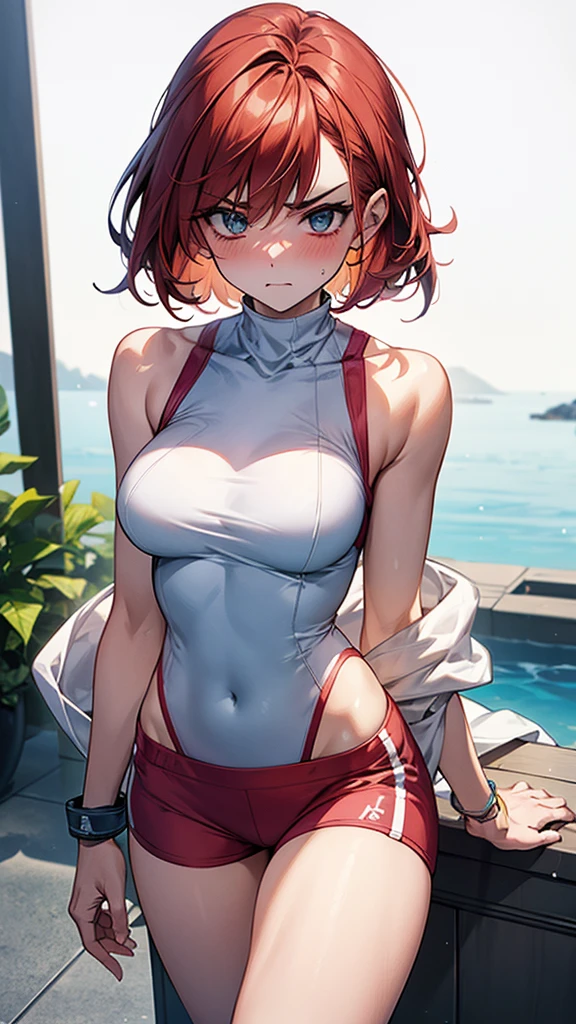{{Dynamic composition}},{{masterpiece}}, {{{Highest quality}}},{{Very detailed}},Fitness Woman ,{{blushing with anger}},{{v-shaped eyebrows}},{{figure}},{{tall}},{{Adult female}},{{Dolphin Shorts}},{{White sleeveless hoodie with an open chest}} Red Hair Bob Small breasts tall Sweat Slim body Thin legs Lawn ground clavicle Bare skin décolleté Wristband