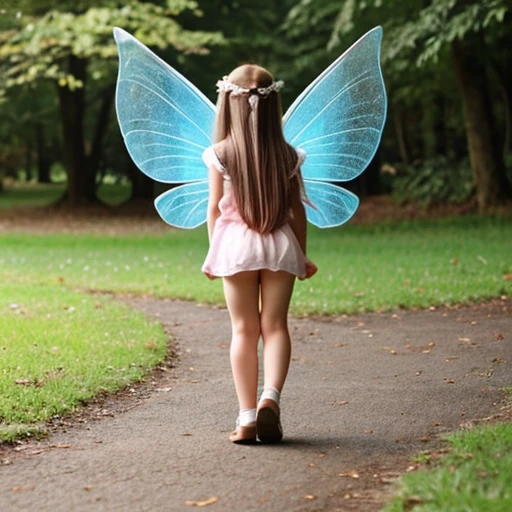 A cute fairy-like girl with wings of about 5 years old bent over