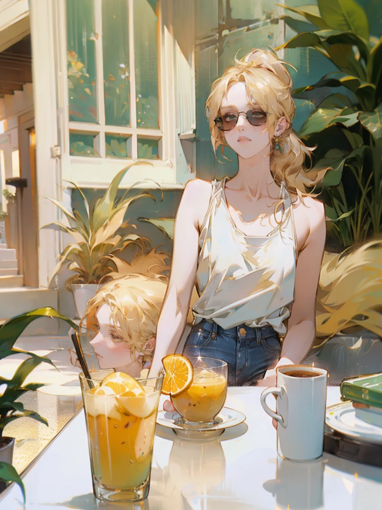 Beautiful girl, blonde, hair in a medium-length ponytail, no fringes, white T-shirt, blue jean shorts, sunglasses, slight smile, perfect, detailed face, sunny weather, café veranda, coffee table, green plants, a cup of matcha and a glass of cold orange juice on the table, drops of water on the glass of the glass, particles of light, she looks at the viewer., shy, sparkle, glowing light, chromatic aberration, cinematic lighting, Nikon, masterpiece, accurate, anatomically correct, textured skin, super detail, high details, best quality, 16k
