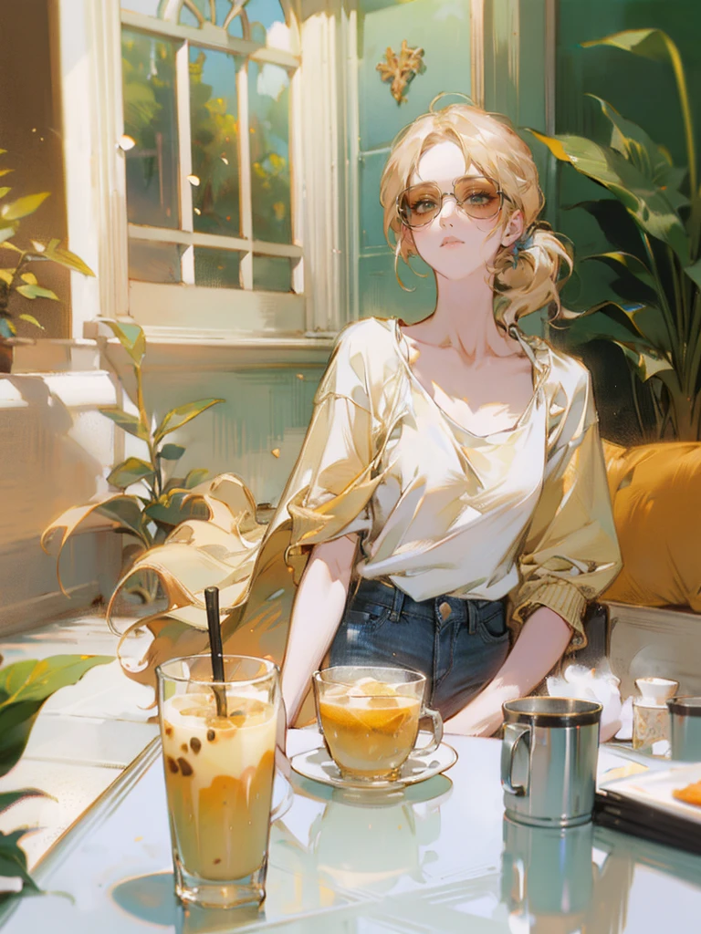 Beautiful girl, blonde, hair in a medium-length ponytail, no fringes, white T-shirt, blue jean shorts, sunglasses, slight smile, perfect, detailed face, sunny weather, café veranda, coffee table, green plants, a cup of matcha and a glass of cold orange juice on the table, drops of water on the glass of the glass, particles of light, she looks at the viewer., shy, sparkle, glowing light, chromatic aberration, cinematic lighting, Nikon, masterpiece, accurate, anatomically correct, textured skin, super detail, high details, best quality, 16k