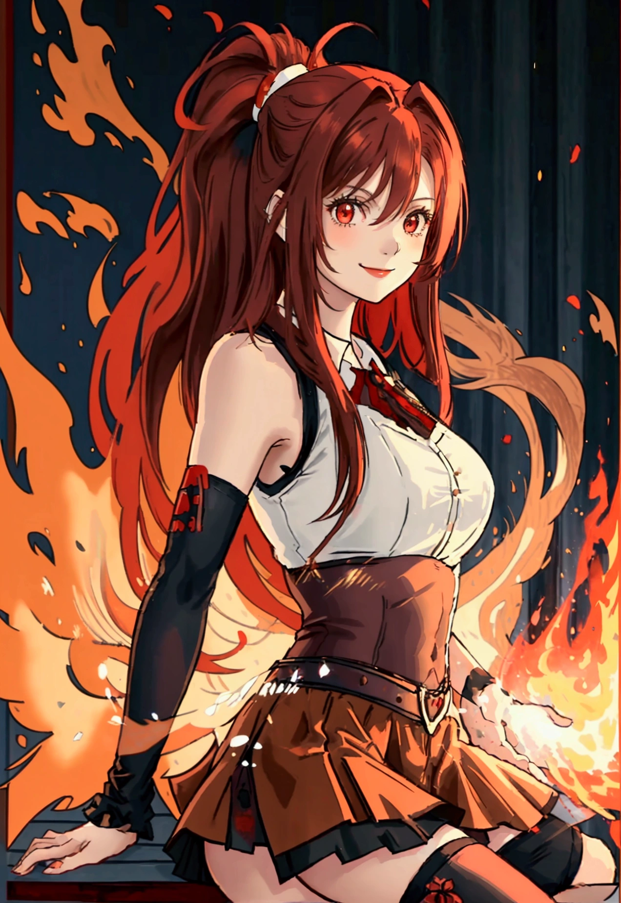 20 years old, long red hair, wears a ponytail, red eyes, always smiling. She dresses in an antique style, wearing a short brown skirt with black shorts underneath, ending above the knees. She wears knee-high brown boots. Her white blouse is sleeveless and features red details. She possesses fire powers and has a fire-themed background."