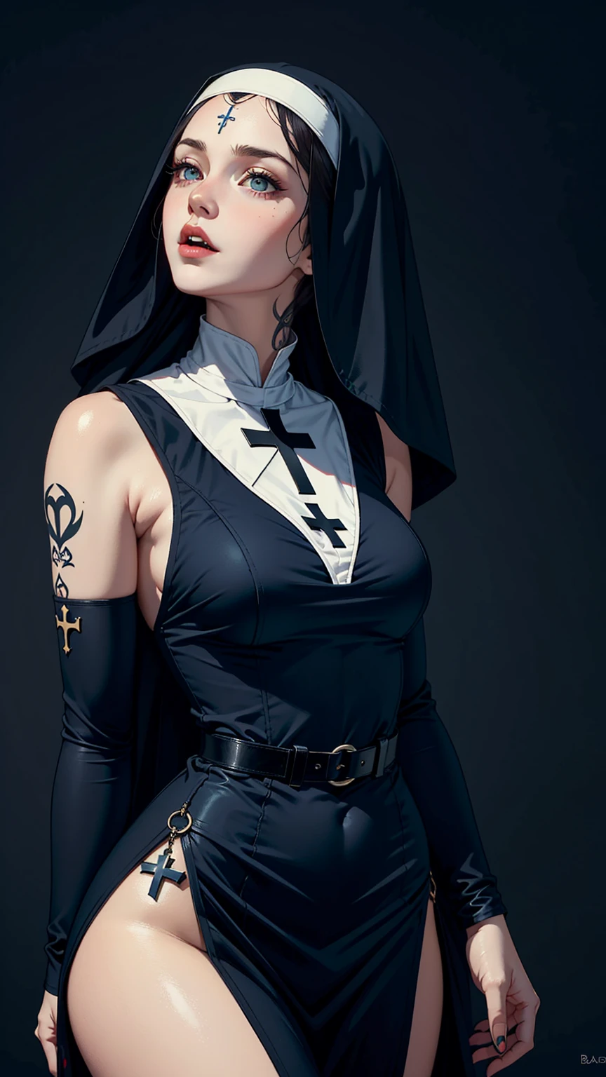 arafed nun with tattoos and a cross on her chest, nun fashion model, vampire nun, nun fashion model looking up, nun, majestic saint woman, an evil nun, nun outfit, tom bagshaw donato giancola, artstyle tom bagshaw, in style of anne stokes, single scary female vampire nun, tom bagshaw artstyle