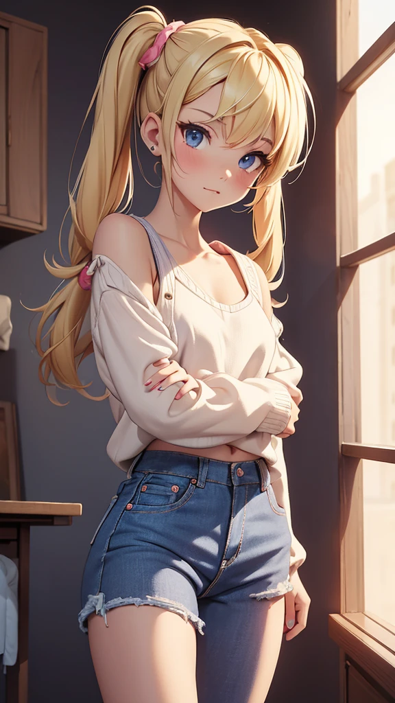 (masterpiece), (4k), ) (vivid colors), (evening light) 16 year old blonde woman, two bobble pigtails, dressed like a teenager with a seductive pose and look, flat chest, wears short jeans and sexy wool top
