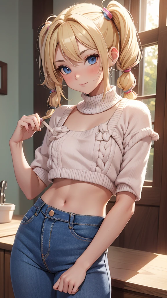 (masterpiece), (4k), ) (vivid colors), (evening light) 16 year old blonde woman, two bobble pigtails, dressed like a teenager with a seductive pose and look, flat chest, wears short jeans and sexy wool top