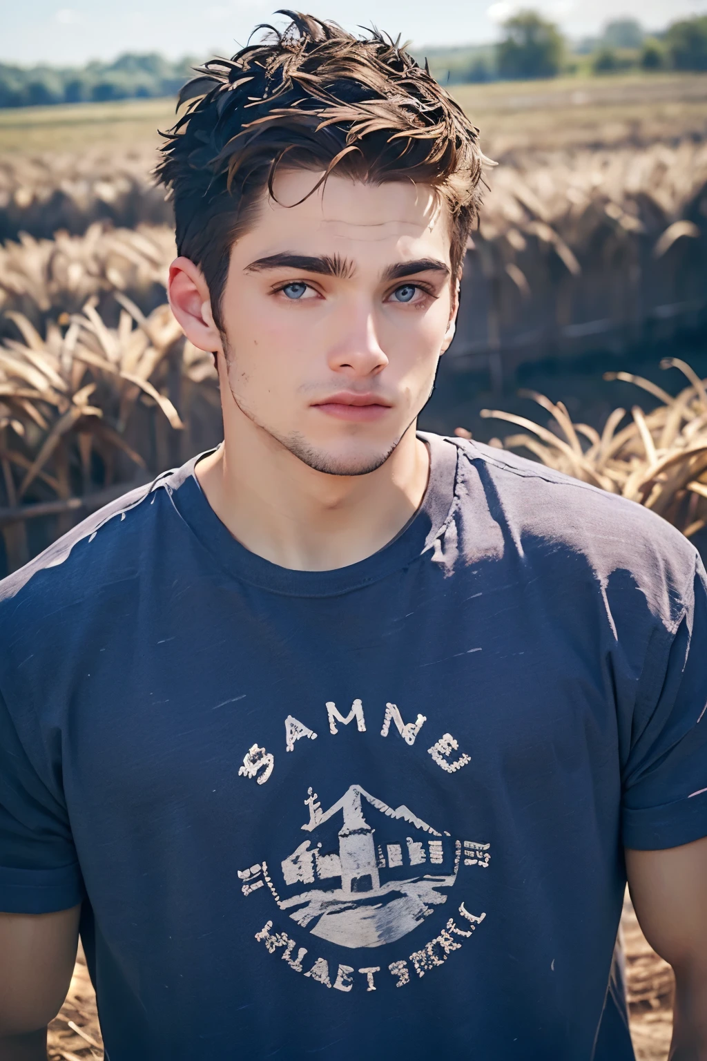 ((masterpiece)), ((best quality:1.2)), High Resolution, 8k, (ultra_realistic:1.3), (photorealistic:1.4), (instagram model, handsome:1.2), sharp focus, a photo of (dylansprayberrykm, Dylan Sprayberry), wearing simple shirt with print, farming, rural place, rice field, outdoors, daytime, ((looking at viewer)),