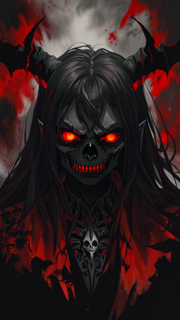 (best quality,4k,8k,highres,masterpiece:1.2),ultra-detailed,(realistic,photorealistic,photo-realistic:1.37),demon skull,horrifying details,fierce horns,dark and sinister aura,ominous red glowing eyes,detailed bone structure,sharp fangs and teeth,dark shadows,ethereal mist,gritty texture,gory and macabre,traces of decay,demonic essence,spooky atmosphere,nightmarish visage,grotesque and twisted features,evokes fear and dread,aggressive and intimidating expression,demonic presence,vivid colors,ominous lighting,skull bathed in blood-red glow,dark and foreboding backdrop,nightmarish vibes,ominous and haunting,gothic ambiance.