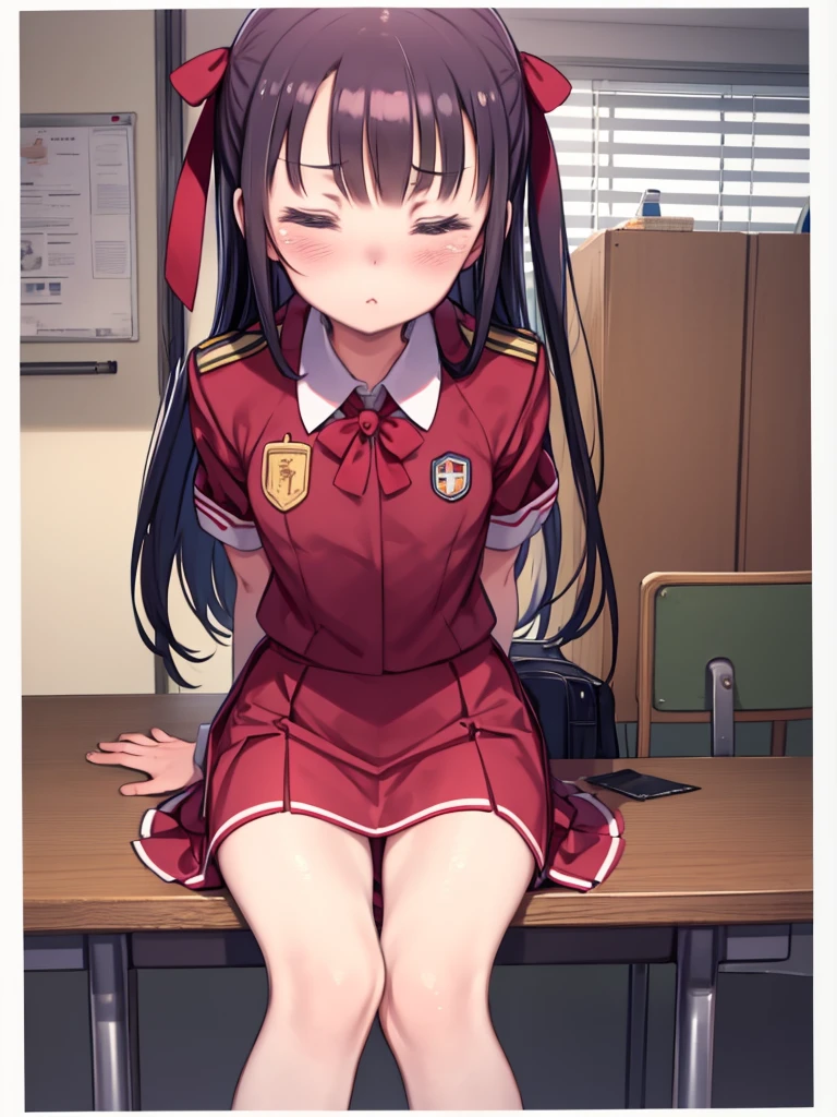 Girl in uniform,Super Skirt,avert your eyes,Sit,Embarrassing,Make your face bright red,Sobbing,Mouth closed,classroom(Girl leaking urine),Makoto Oyama