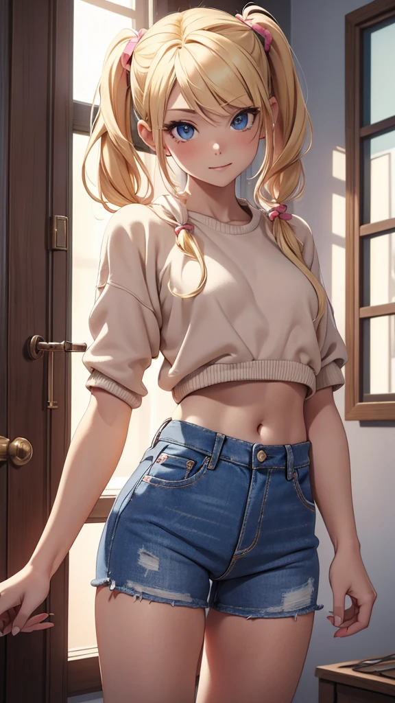 (masterpiece), (4k), ) (vivid colors), (evening light) 16 year old blonde woman, two bobble pigtails, dressed like a teenager with a seductive pose and look, flat chest, wears short jeans and sexy wool top
