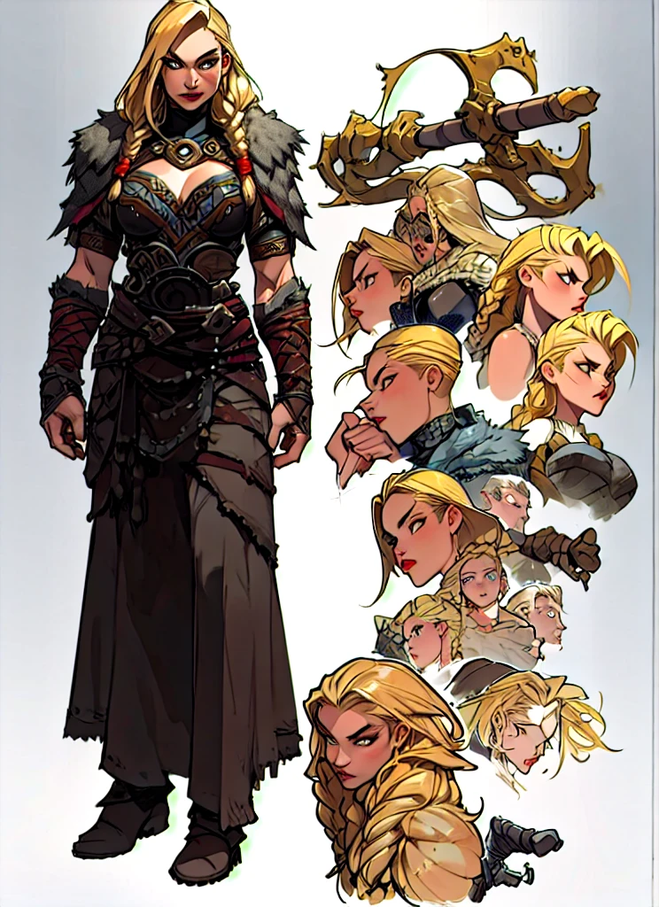 1girl Viking sexy costume
, full bodyvmature Norse woman, blonde long hair in braids, model sheet
