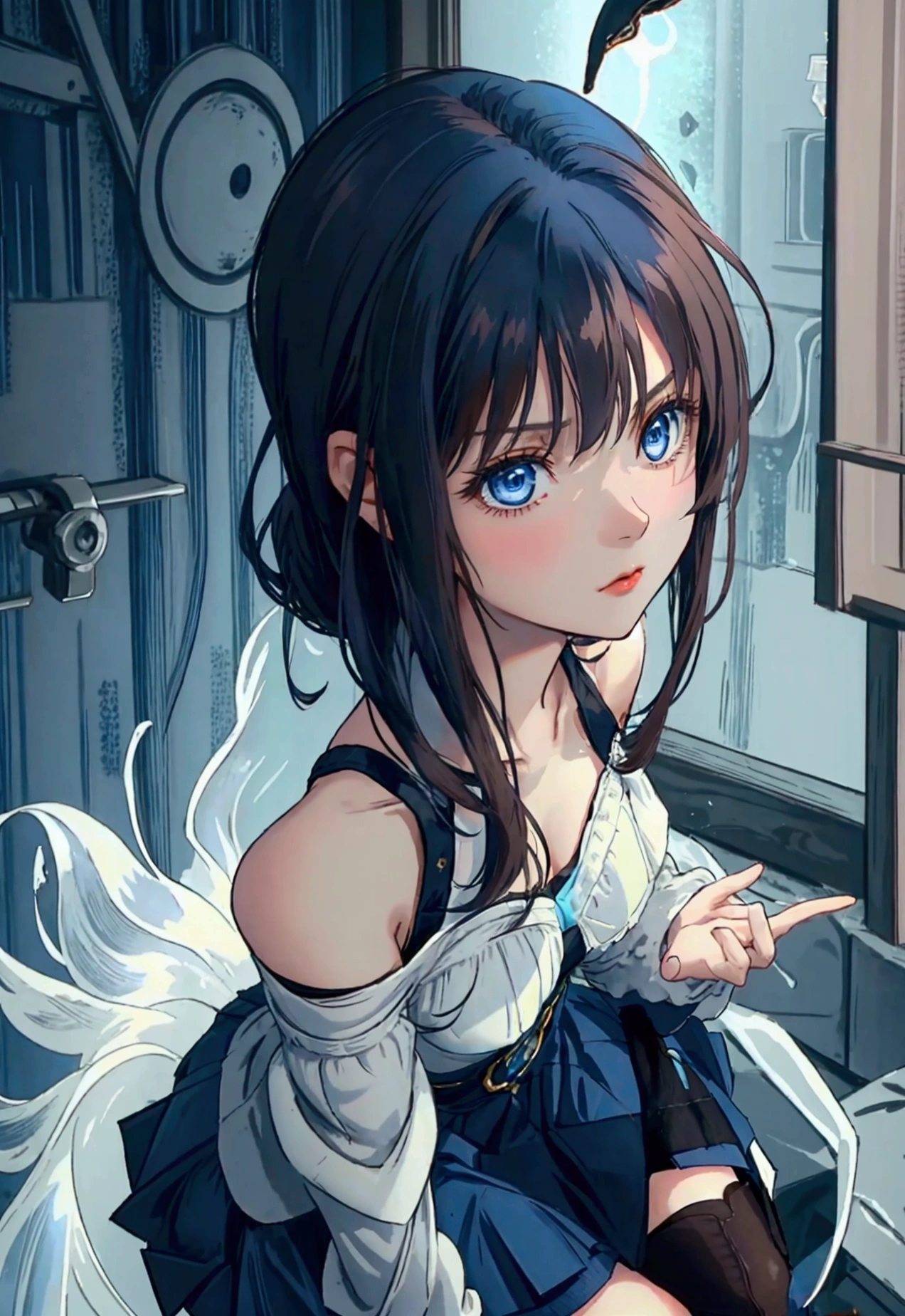 20 years old, with short dark blue hair to the shoulders, a serious yet tender expression, and bright light blue eyes. She dresses in an antique style, wearing a long dark blue skirt that reaches her knees, and small dark brown boots up to her ankles. Her white blouse is long-sleeved, covering her fingers slightly, and falls off one shoulder, leaving it exposed. She possesses water powers and has a water-themed background. 