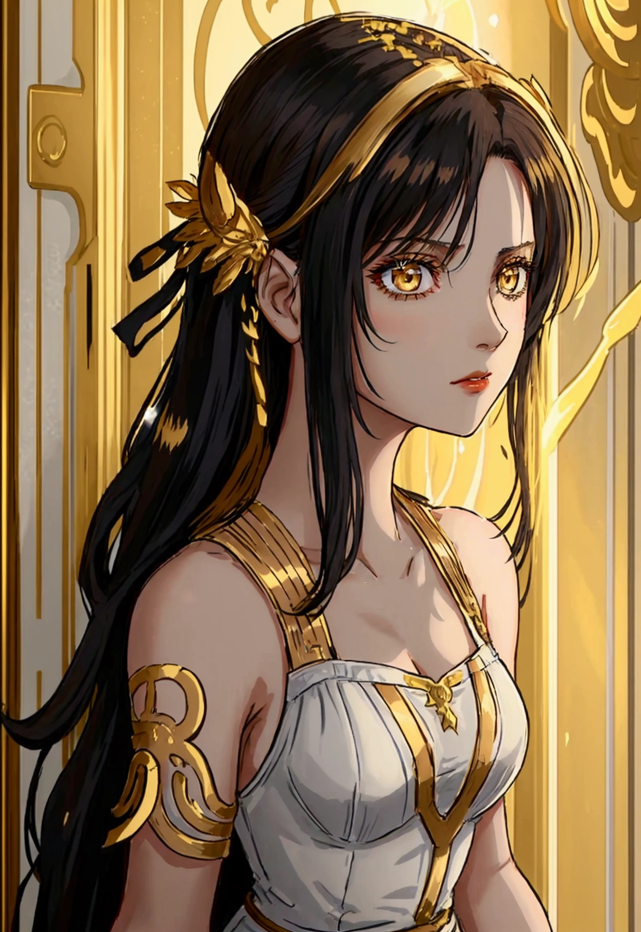 20 years old, with long black hair down to her waist, golden eyes. She wears jewelry and dresses in an antique style, donning a long white dress with golden details. She wears elegant gladiator sandals. She possesses golden powers and has a golden-themed background. 