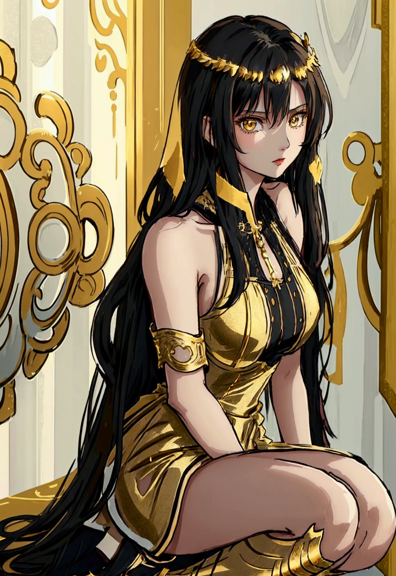 20 years old, with long black hair down to her waist, golden eyes. She wears jewelry and dresses in an antique style, donning a long white dress with golden details. She wears elegant gladiator sandals. She possesses golden powers and has a golden-themed background. 