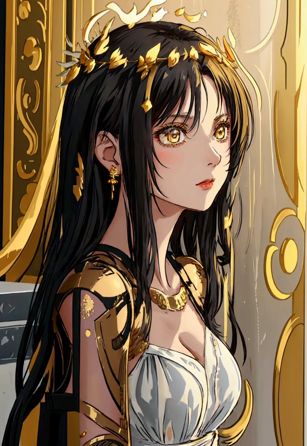 20 years old, with long black hair down to her waist, golden eyes. She wears jewelry and dresses in an antique style, donning a long white dress with golden details. She wears elegant gladiator sandals. She possesses golden powers and has a golden-themed background. 