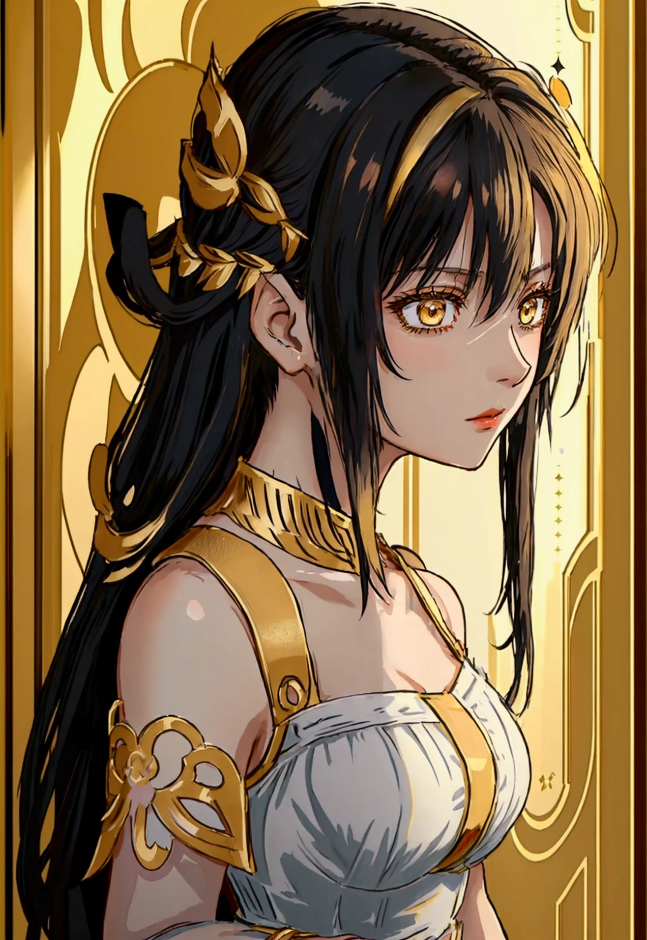 20 years old, with long black hair down to her waist, golden eyes. She wears jewelry and dresses in an antique style, donning a long white dress with golden details. She wears elegant gladiator sandals. She possesses golden powers and has a golden-themed background. 