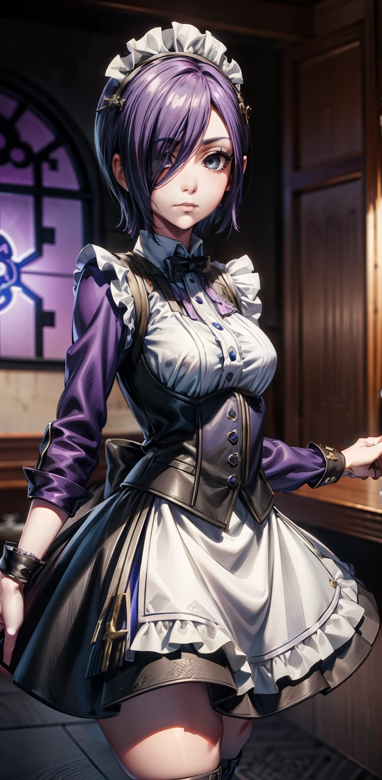 Beautiful face, beauty, white skin, purple-blue eyes, short purple-blue hair, hair covering her left eye, cute body, Cute waitress outfit, detailed black dress, white embellished apron, An ornate dress containing embellishments and bows, a castle maid's dress, black tie, castle background, detailed background , Interior details of the castle, Touka Kirishima, Tokyo Ghoul