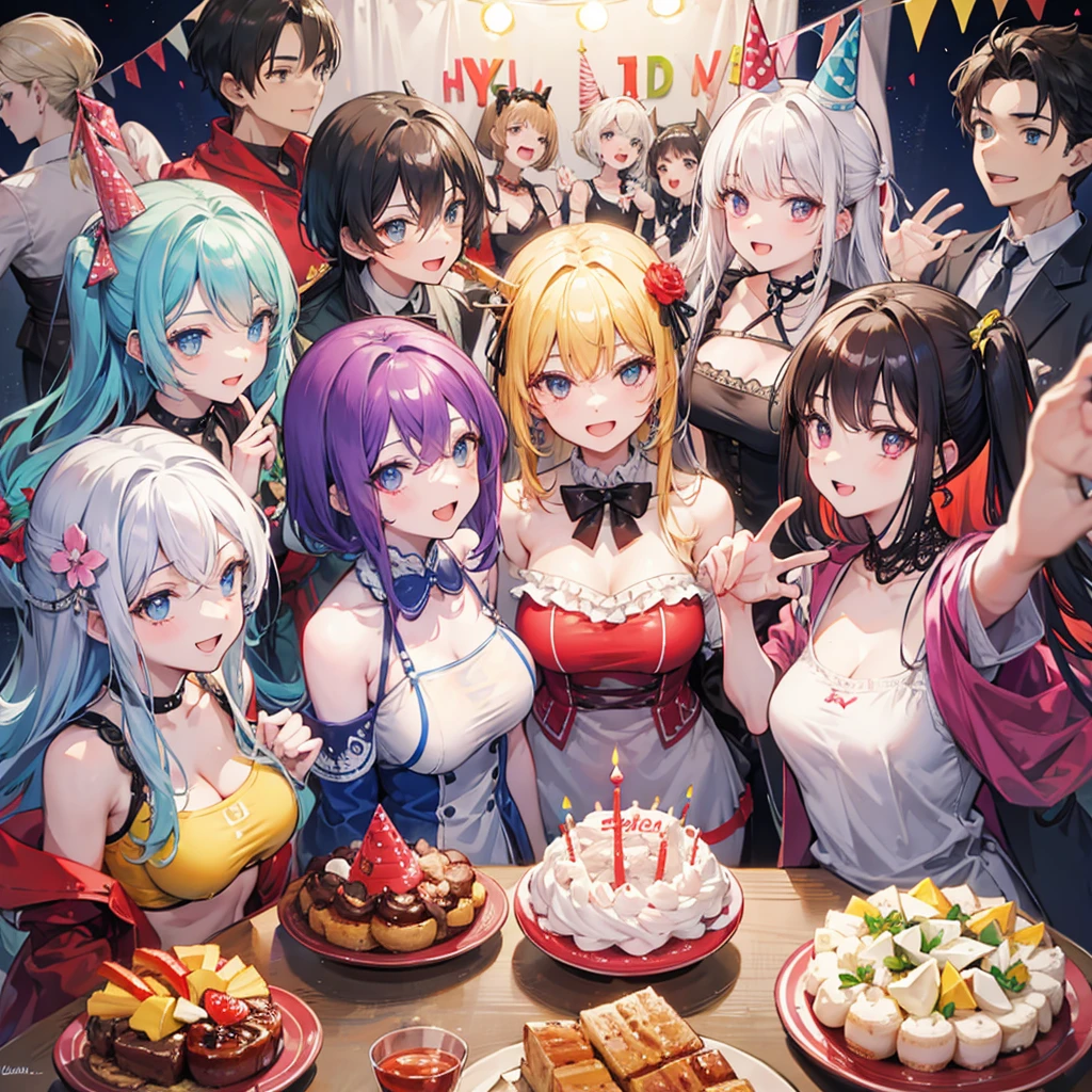 6 characters celebrating a birthday