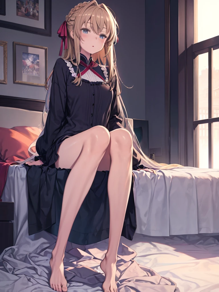 masterpiece, Highest quality, High resolution, Violet Evergarden, Braiding, Hair Ribbon, Red ribbon, pajamas, barefoot, sleep, Sitting, bed