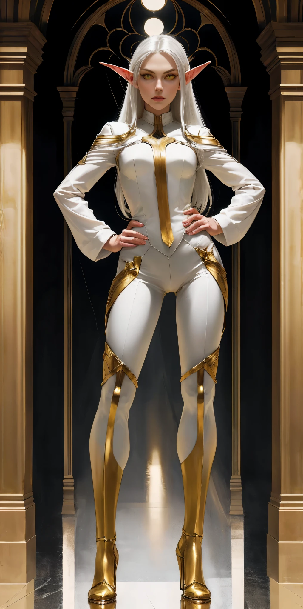 masterpiece, best quality, high quality, Erwin, elf, long hair, white hair, yellow eyes (1solofemale full body standing straight symmetrical, hands on hips)