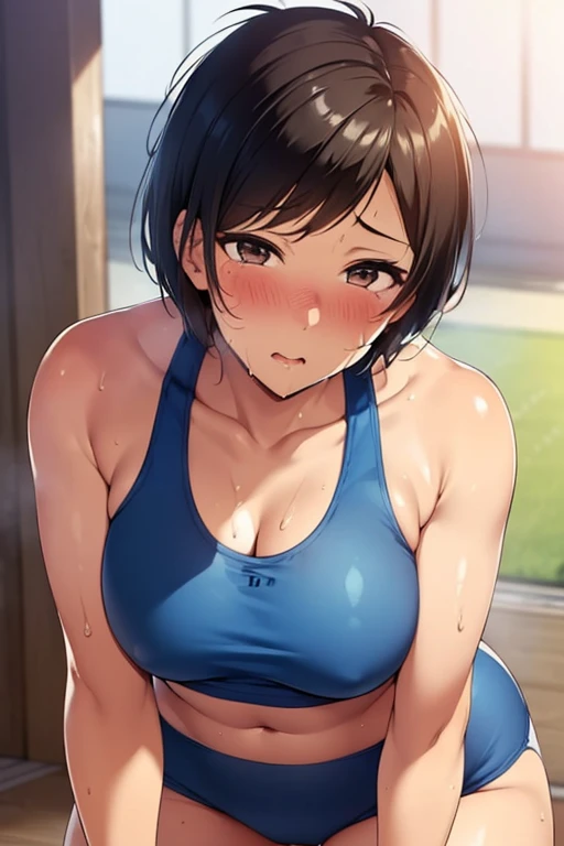 (highest quality:1.2),(perfect beautiful face:1.2),(perfect and beautiful posture:1.2),(Solo,Japanese mature woman standing,((messy short cut hair:1.2), (confused:1.3,embarrassed), shyness:1.1),(Chubby:0.8), (Sweaty, sunburned skin:1.3), thick muscles), ((sports bra),Sporty panties)lowrise, close-up of armpit, mouth open sloppily,Drooling,(at city:1.3,cowgirl position),Looking at viewer,puffy areolae