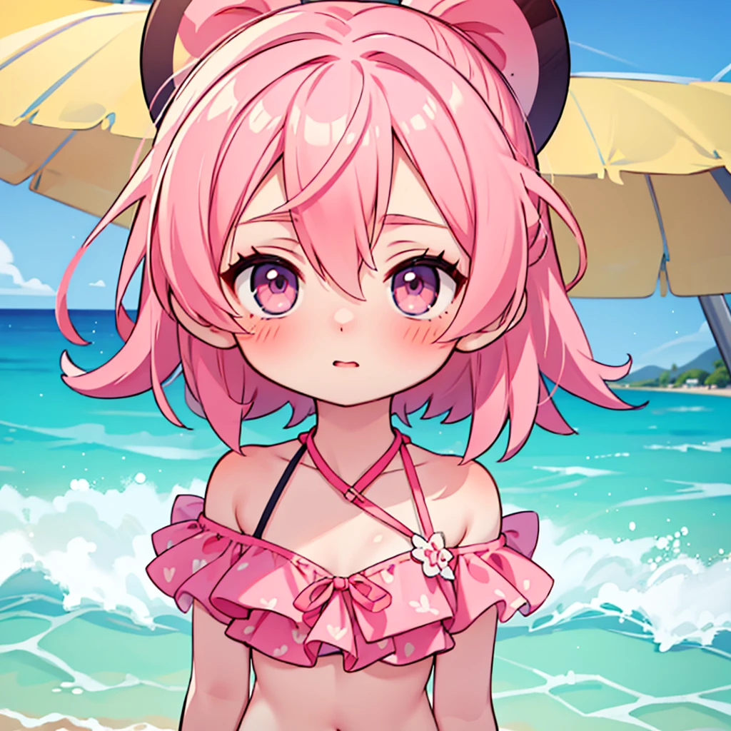 2d, masterpiece, best quality, anime, highly detailed face, highly detailed eyes, highly detailed background, beach lighting, 1girl, solo, upper body, pink hair, two piece bikini, blushing, sandy beach background