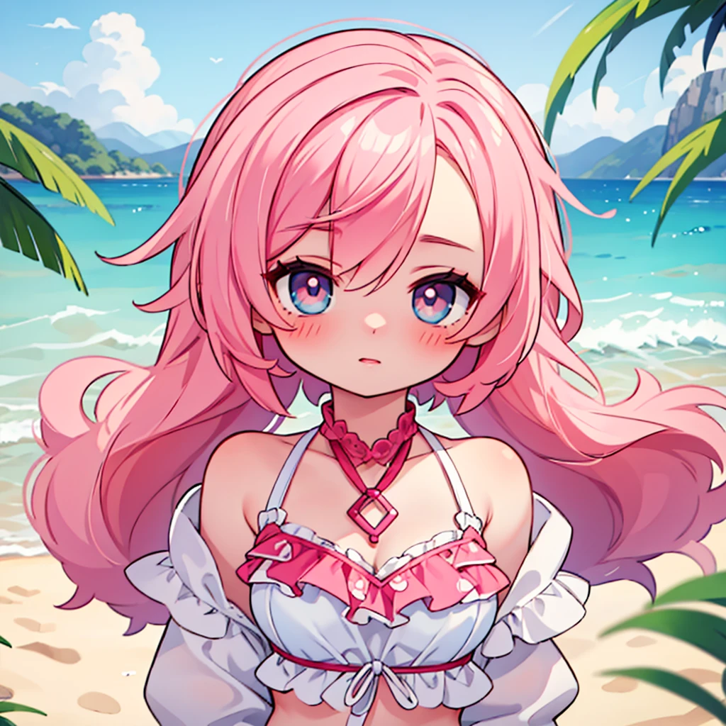 2d, masterpiece, best quality, anime, highly detailed face, highly detailed eyes, highly detailed background, beach lighting, 1girl, solo, upper body, pink hair, two piece bikini, blushing, sandy beach background
