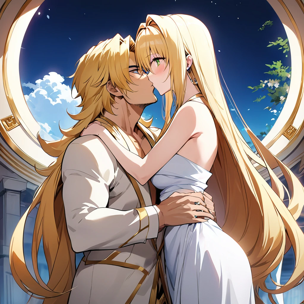 ((Highest quality)), ((masterpiece)), (detailed), (Perfect Face)、Woman is a goddess named Hera wearing a white ancient Greek Doric chiton々Hera, the goddess of marriage and wife of Zeus, the king of the gods, is a happy and deeply in love couple.、The woman is the goddess Hera, the queen of the one and only god Zeus. She has green eyes, blonde medium-long hair, is wearing a white ancient Greek Doric chiton, an engagement ring, and luxurious accessories. She is an elegant goddess, the graceful and beautiful queen of the gods.、The woman, as the goddess Hera, loved Zeus and embraced him joyfully, kissed him deeply, and served him as a wife, fondling him.、Zeus, a dignified, bearded, elderly god, wearing a white ancient Greek Doric chiton, kisses, embraces, loves, fondles, and has sex with a woman named Hera.