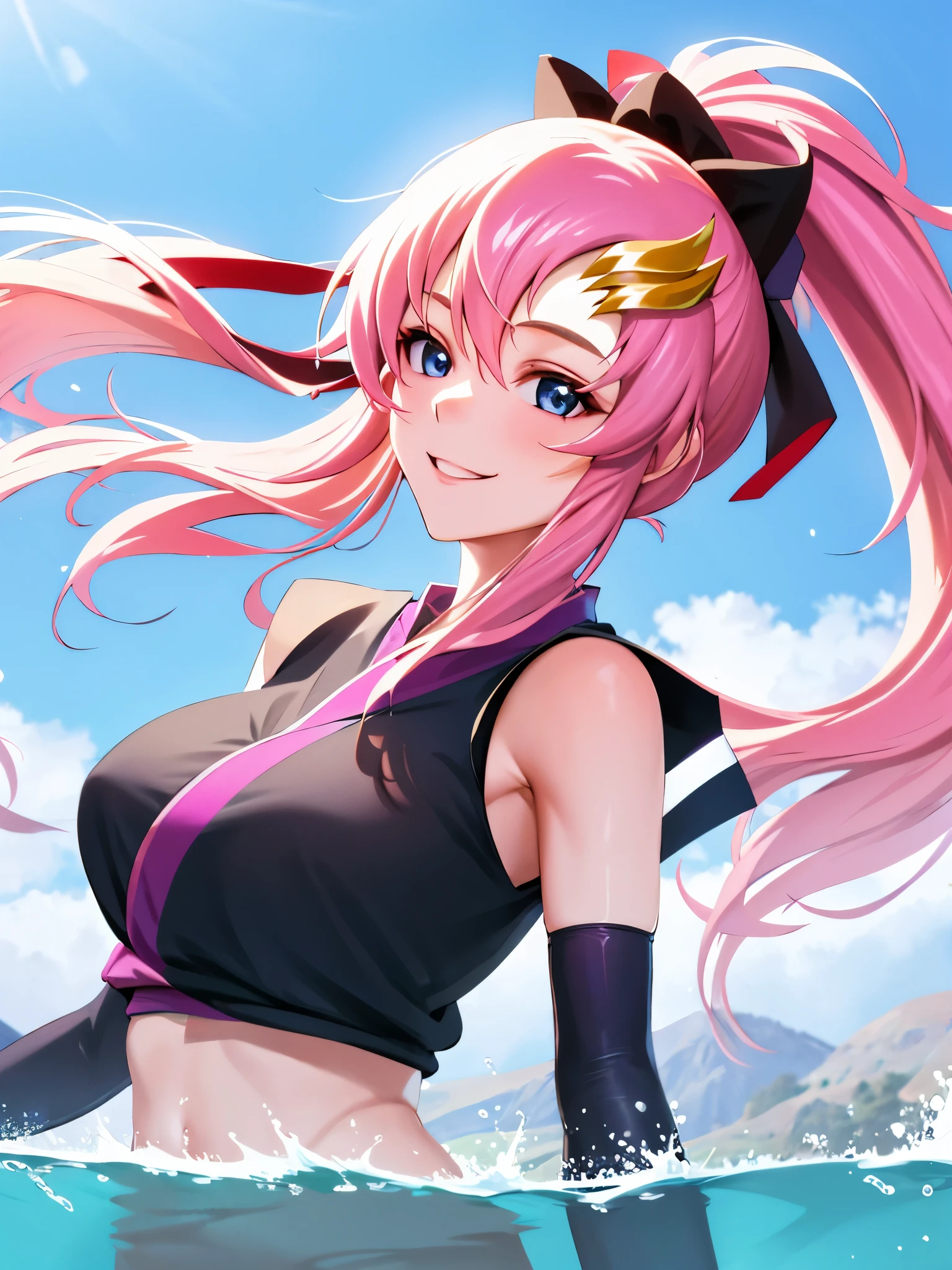 Armpit Show,masterpiece, Highest quality, High resolution, Lake 3, One Girl, alone, Lake 3, Pink Hair, Short kimono, blue eyes, hair ornaments, Very long hair, black sleeves, Sleeveless, kimono, bow, Black kimono, hair bow, ponytail, Floating Hair, Hair between the eyes, Big Breasts, whole body, Sheet, Spaceship, smile, 