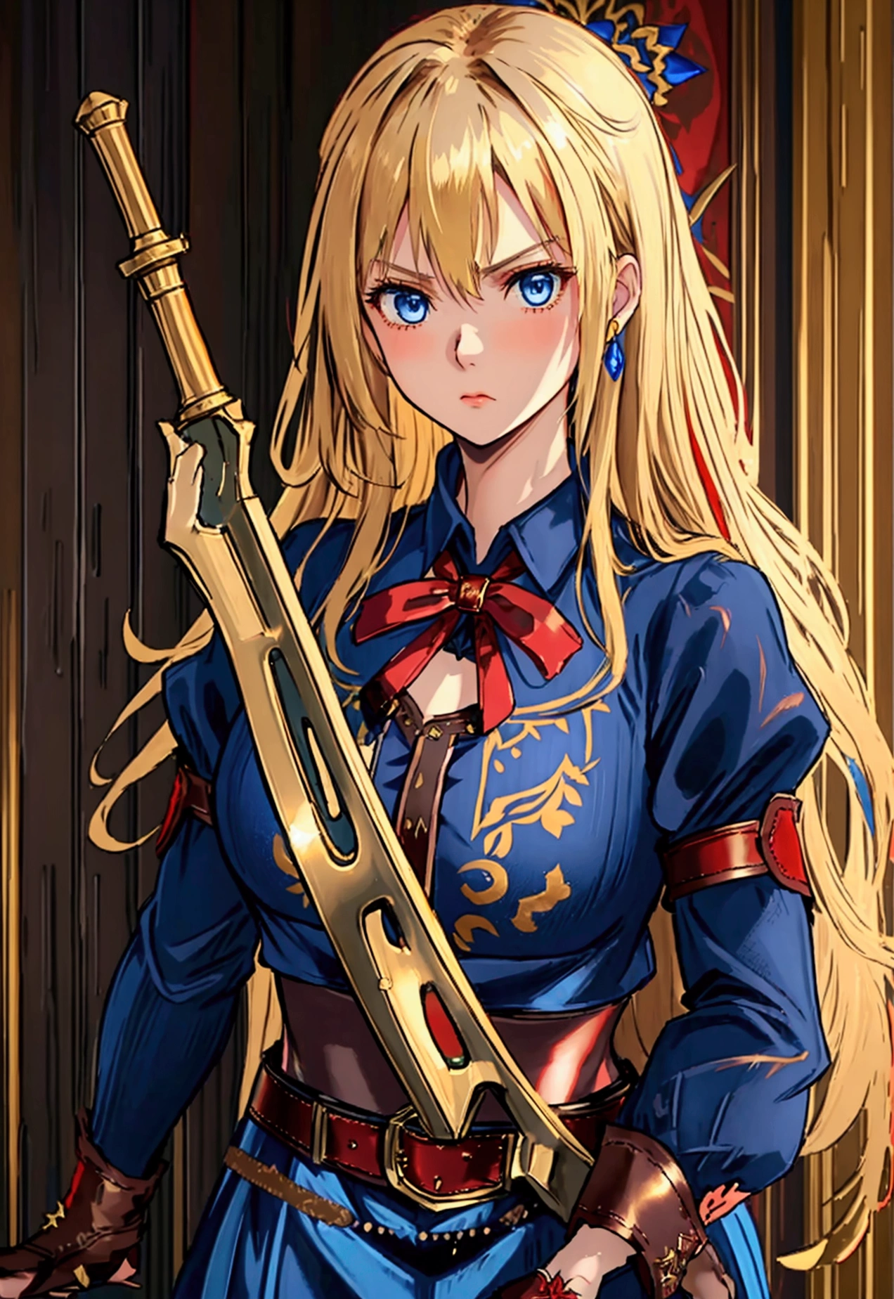 20-year-old girl, long blonde hair, blue eyes, angry expression, long dark blue skirt with gold embroidery at the hem, old-fashioned blue blouse with long fitted sleeves, adorned with red details, red leather gloves that reach her elbows, dark brown leather boots that reach mid-calf, leather belt adorned with a golden buckle and red details, her weapon is a huge greatsword with a gold and red decorated handle, hanging on her back in an ornate sheath. 