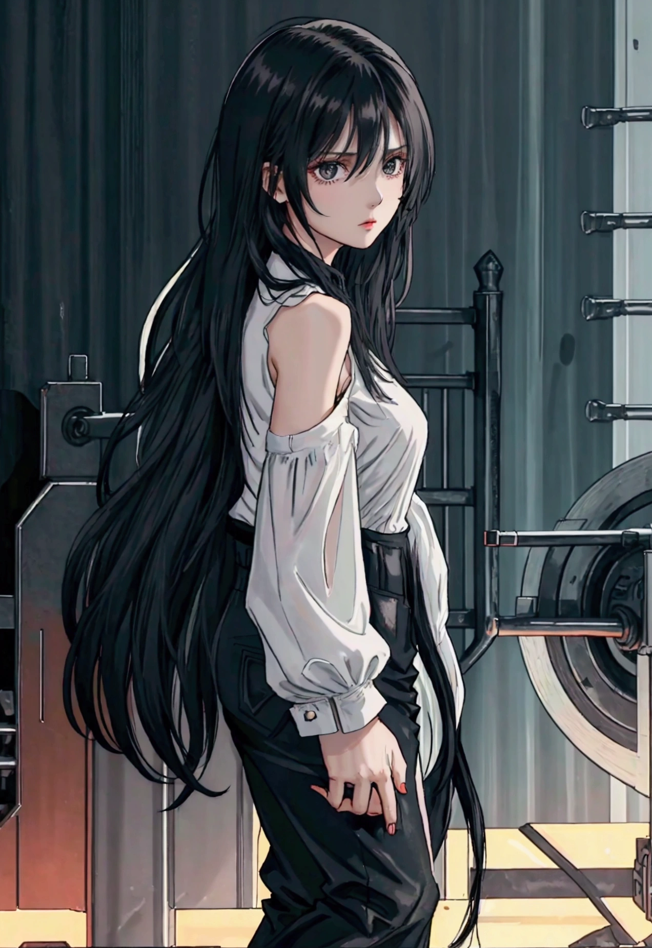 30-year-old woman, long black hair, serious, black eyes, wears old-fashioned clothing, black baggy pants, black boots, white blouse with long sleeves and exposed shoulders, powers of darkness, dark background. 