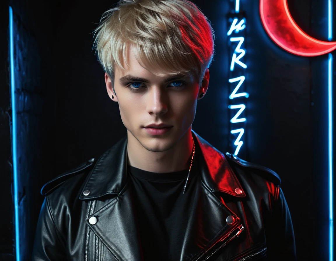 Hyper realistic, dark vibes, solo, attractive young guy, male, 22 years, pale skin, blue eyes, (short textured blond hair:1.1), layered bangs, (holding knife:1.1) gothic black leather jacket, black eyeliner, dark lighting, in luxury BDSM room, (smirk:1.1), (visible neon red crescent moon writing sign in background text "CONTEXT" in blue:1.1)