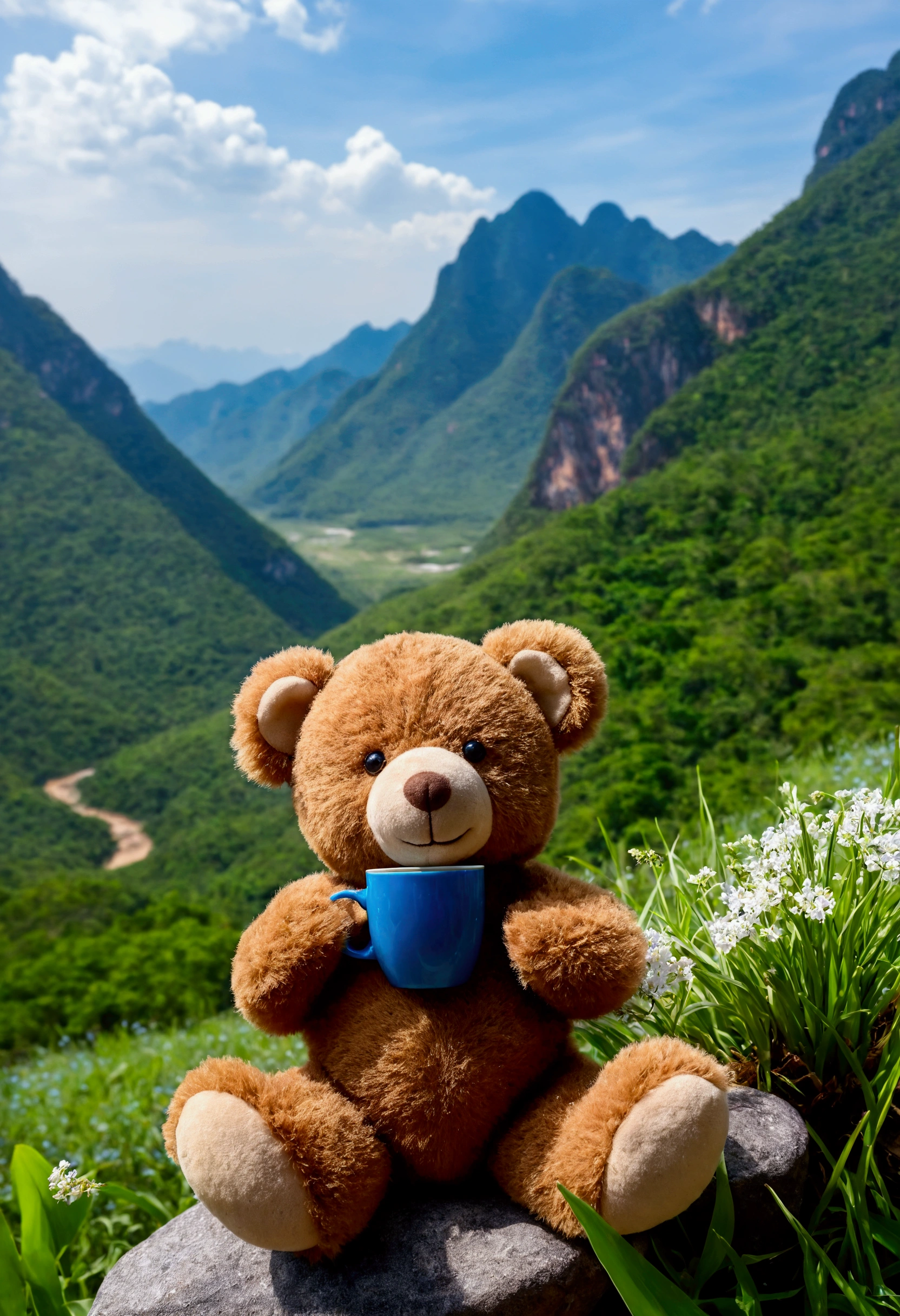 brown teddy bear Sitting and drinking coffee in a blue glass At the mountainside meadow There are white grass flowers, rocky mountains, and pointed rocks. (Khao No, Nakhon Sawan) Thai Forest