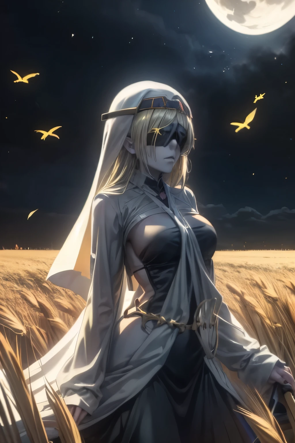 A full body portrait of extremely pretty and female dark elf with grey skin and radiant long golden hair in a field of wheat at night under a pale moon, (pelvic curtain,blonde hair:1.2), (wearing a nuns habit, black blindfold), (white dress:1.5), ((scythe))