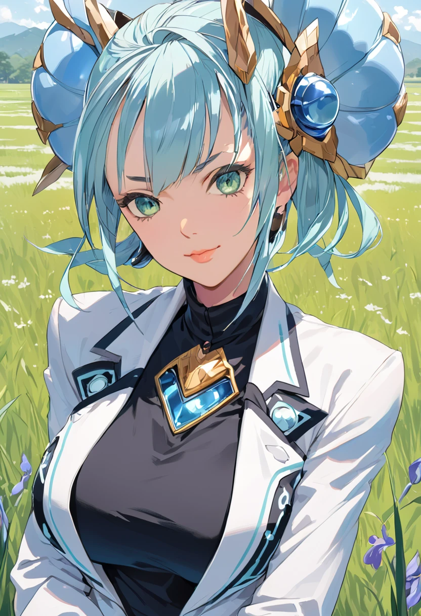 Mikumari \(Xenoblade\)masterpiece, Highest quality, ((1 person)),Blue Hair,Green Eyes,Serious expression, smile,Upper Body,Line art,Medium Hair,White blazer,Black T-shirt,Big Breasts,Bunhead,Two dumplings,Black Mask, Expressionless blue eyes,((Kubo Obito Style)) Detailed face, Face Focus, Are standing, Black Hair,(hair ornaments:1.35),office lady, Sleeves edged with ribbon, Removable sleeves, Ribbon trim, Wide sleeves, (View your audience:1.5) Long Hair, iris, bangs, lips,smile,grassland