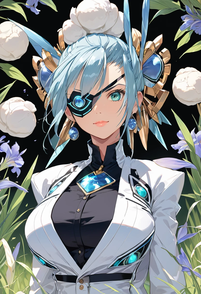 Mikumari \(Xenoblade\)masterpiece, Highest quality, ((1 person)),Blue Hair,Green Eyes,Serious expression, smile,Upper Body,Line art,Medium Hair,White blazer,Black T-shirt,Big Breasts,Bunhead,Two dumplings,Black Mask, Expressionless blue eyes,((Kubo Obito Style)) Detailed face, Face Focus, Are standing, Black Hair,(hair ornaments:1.35),office lady, Sleeves edged with ribbon, Removable sleeves, Ribbon trim, Wide sleeves, (View your audience:1.5) Long Hair, iris, bangs, lips,smile,grassland