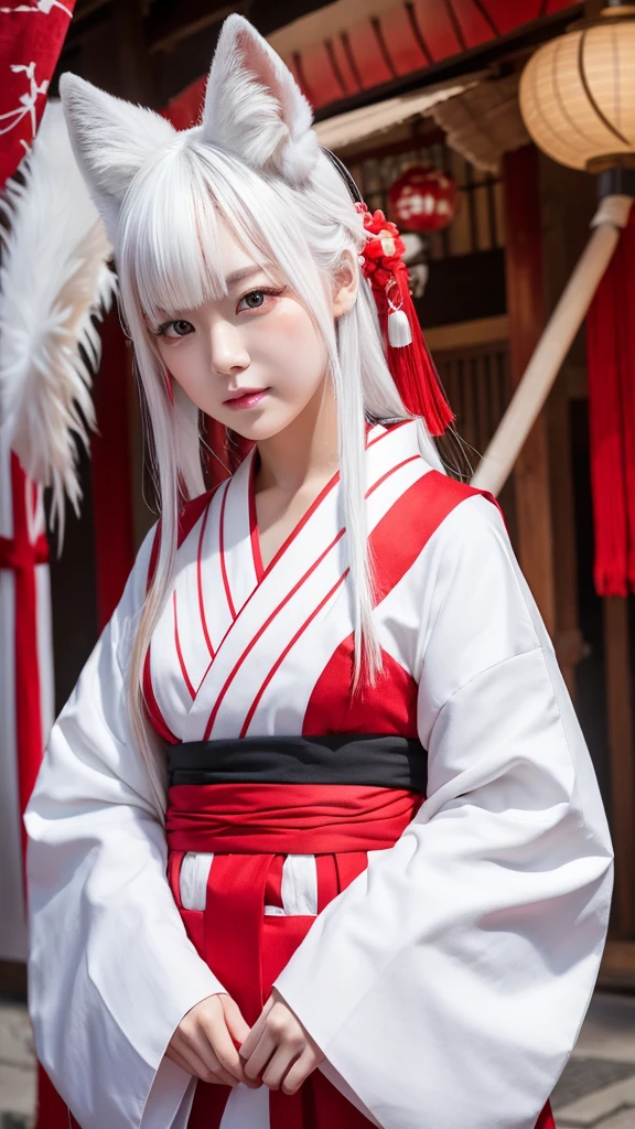 White Demon Fox、Nine-tailed Fox、Japanese women、kimono、Fair skin、Red lines on face、8K、I have long hair