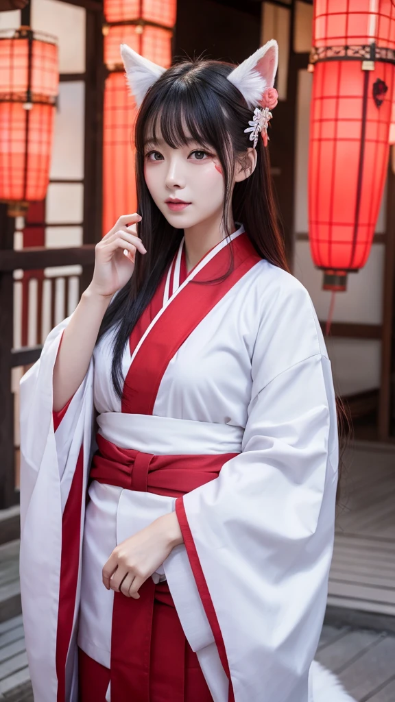 White Demon Fox、Nine-tailed Fox、Japanese women、kimono、Fair skin、Red lines on face、8K、I have long hair