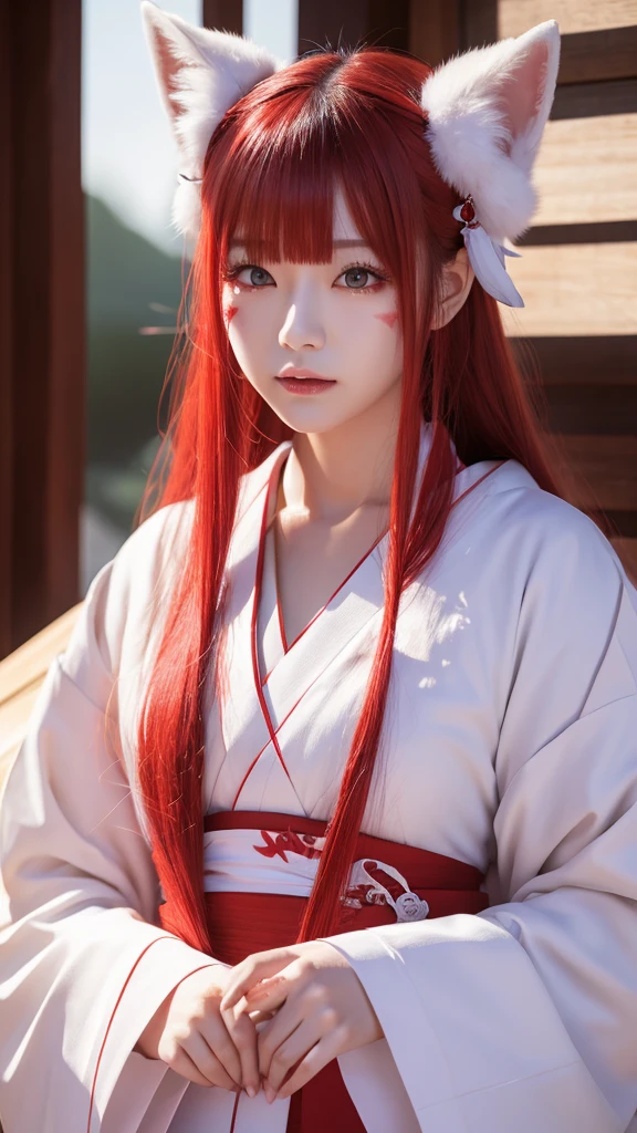 White Demon Fox、Nine-tailed Fox、Japanese women、kimono、Fair skin、Red lines on face、8K、I have long hair