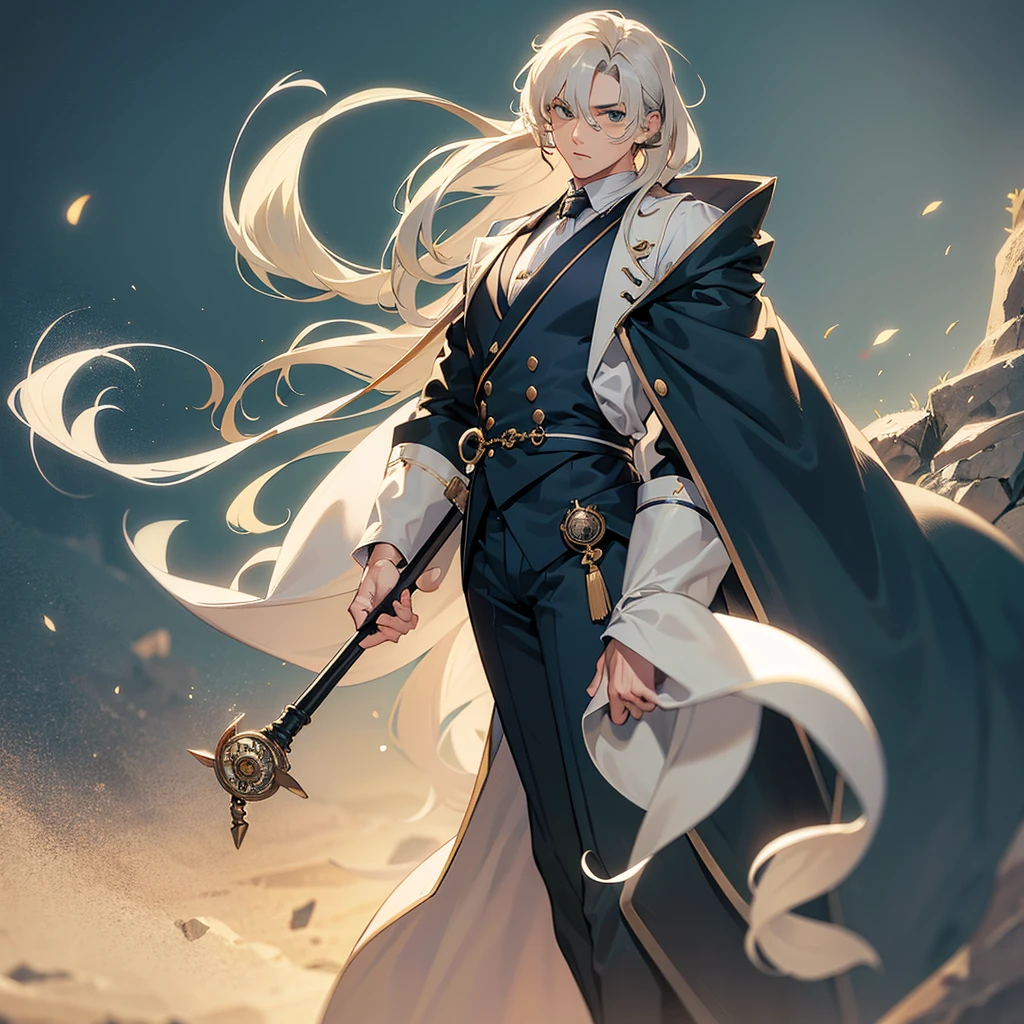 A man, long white shoulder length hair, english classic clothing, 35 years old, with a cane with a pocket watch, soft quality, calm style background, 12 up, 10 up, 8 medium