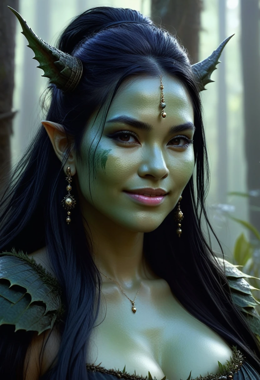 A young swamp witch, dressed in a long dress, a necklace, beads around her neck, earrings in her ears. Long black hair. The portrait should have an intimidating expression, With a smile, a mysterious look. Full-length image. The art style should resemble the concept art of Guild Wars 2.., especially in the digital brushstrokes of Jeremy Mann and Ruan Jia... The image should have an intricate and three-dimensional illumination.., achieved using ray tracing techniques. Please make sure that the image is a masterpiece., with the best quality and high resolution (specifically, 8K). It should have ultra detail, focusing on both macro and small details. The image should also include three-dimensional light, create a mysterious atmosphere, as well as realistic reflections on surfaces. It should have incredible cinematic effects and be in UHD format.. (ultra-high resolution) format.