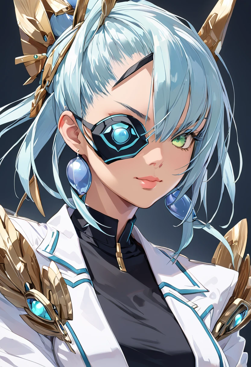 Mikumari \(Xenoblade\)masterpiece, Highest quality, ((1 person)),Blue Hair,Green Eyes,Serious expression, smile,Upper Body,Line art,Medium Hair,White blazer,Black T-shirt,Big Breasts,Bunhead,Two dumplings,Black Mask,No horns, Expressionless blue eyes,((Kubo Obito Style)) Detailed face, Face Focus, Are standing, Black Hair,(hair ornaments:1.35),office lady, Sleeves edged with ribbon, Removable sleeves, Ribbon trim, Wide sleeves, (View your audience:1.5) Long Hair, iris, bangs, lips,smile,grassland