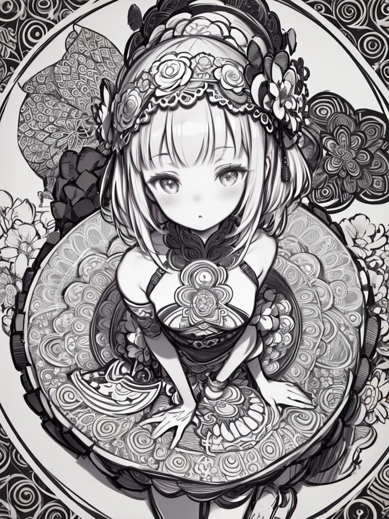 (Detailed Background), High Contrast, 1 girl, Head close-up, Mandala style floral background, sketch, Monochrome, Clean line art for coloring books