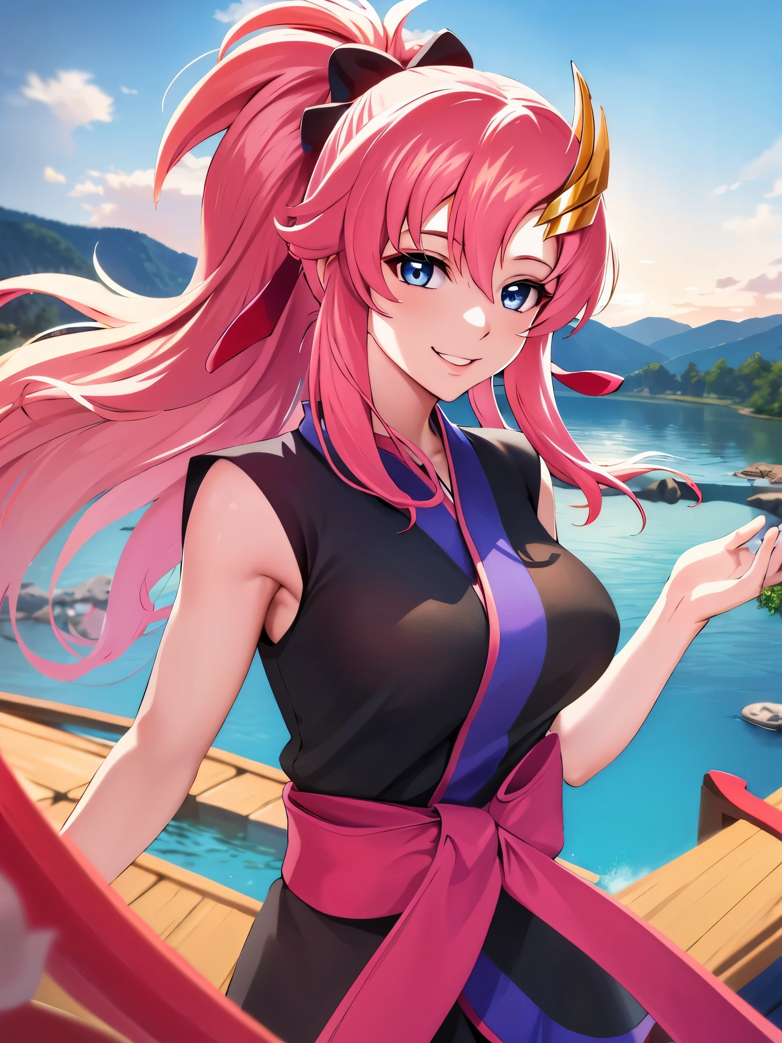 Armpit Show,masterpiece, Highest quality, High resolution, Lake 3, One Girl, alone, Lake 3, Pink Hair, Short kimono, blue eyes, hair ornaments, Very long hair, black sleeves, Sleeveless, kimono, bow, Black kimono, hair bow, ponytail, Floating Hair, Hair between the eyes, Big Breasts, whole body, Sheet, Spaceship, smile, 